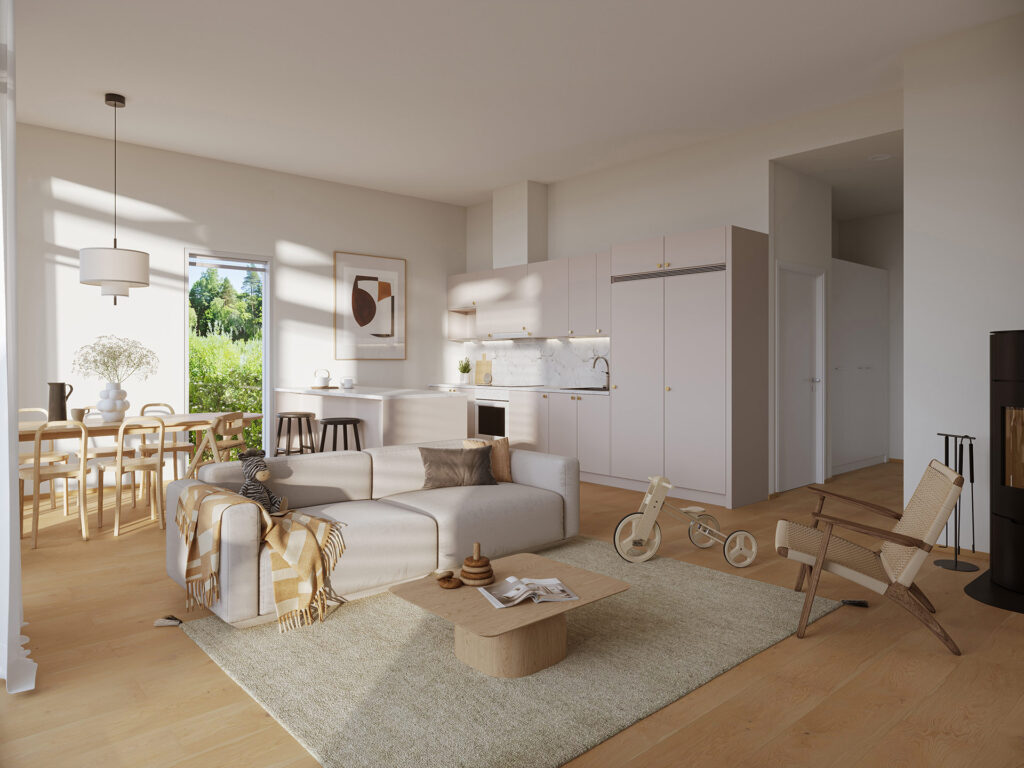 Visualisointikuvassa taiteilijan näkemys B- ja C-talojen 75,5 m² asunnon olohuone-keittiöstä.